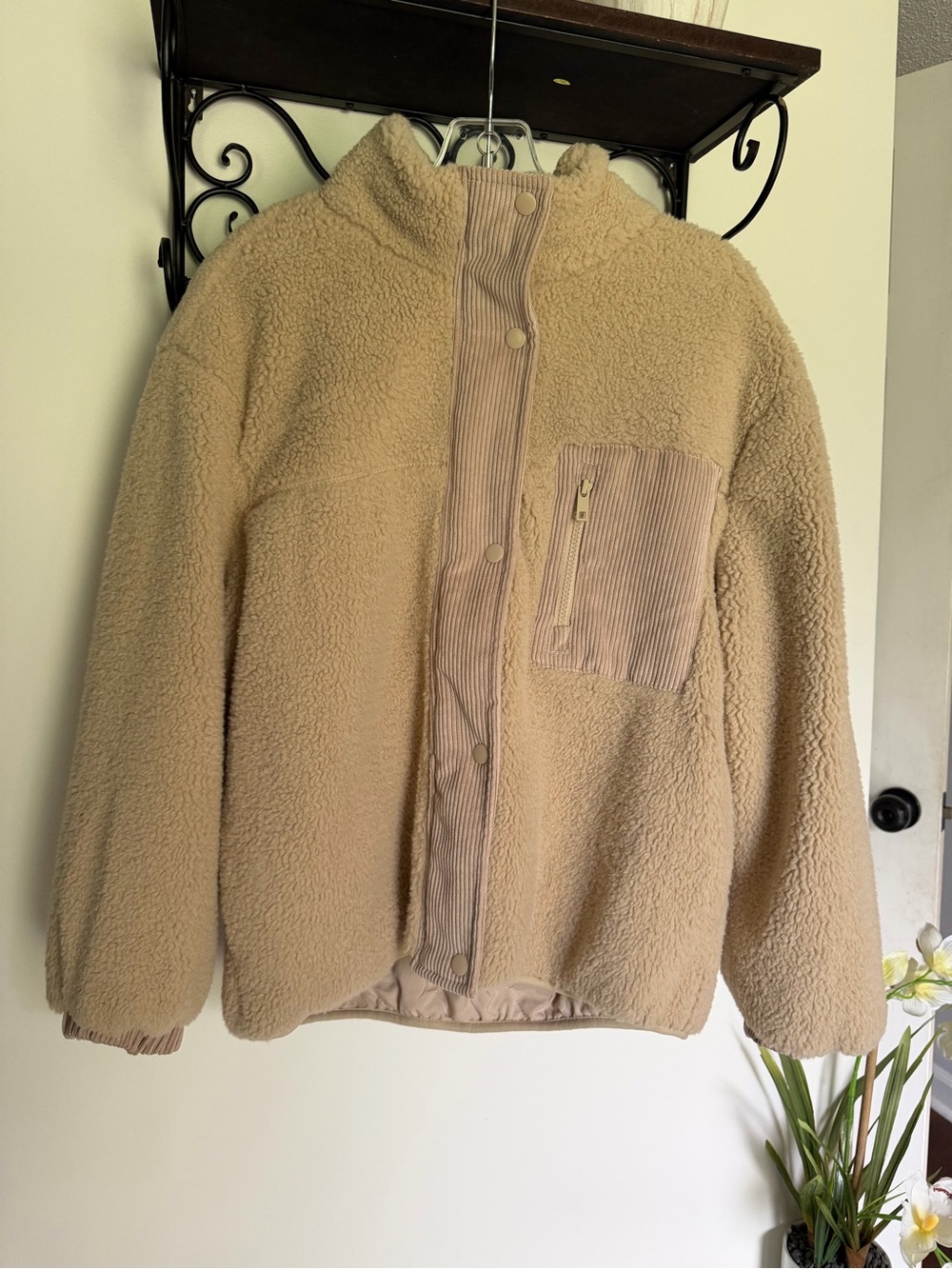 Love Tree Beige Teddy Sherpa Jacket with Corduroy Trim - Picture 1 of 10